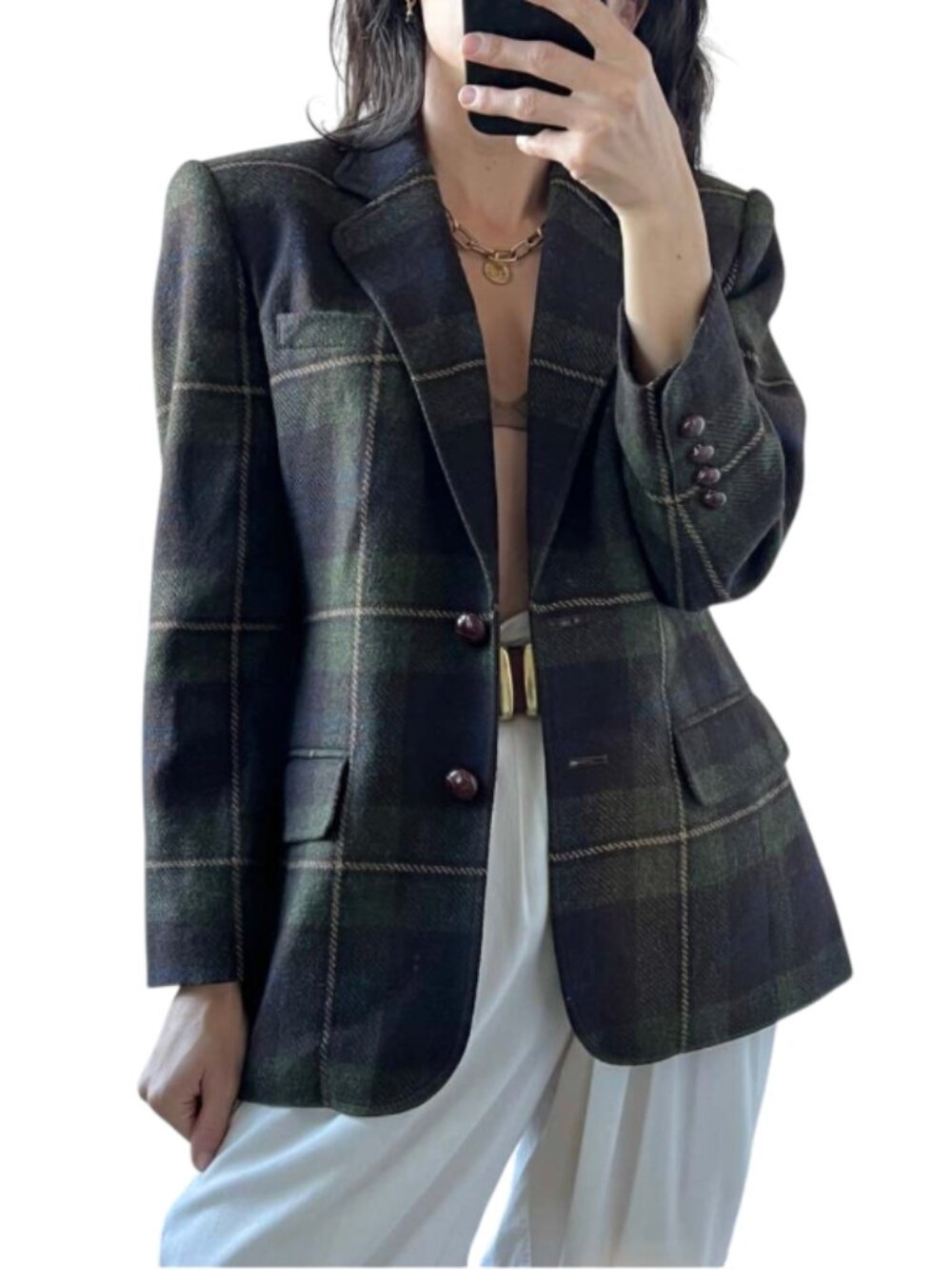 Vintage Ralph Lauren 90's Plaid Blazer Jacket Womens 12 P Green Wool Long Sleeve